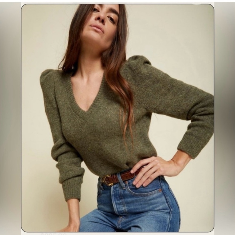 Nation LTD Lara Puff Shoulder Sweater Small Moss Green V-Neck Baby Alpaca Knit
